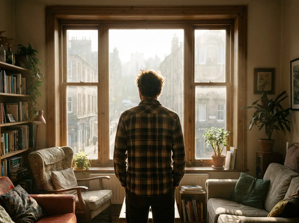A man looking out a window in morning light