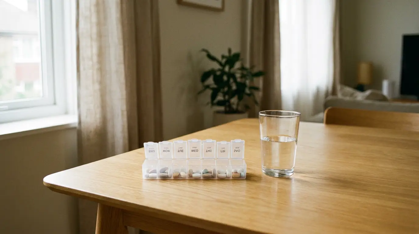 A weekly pill organizer and water on a table