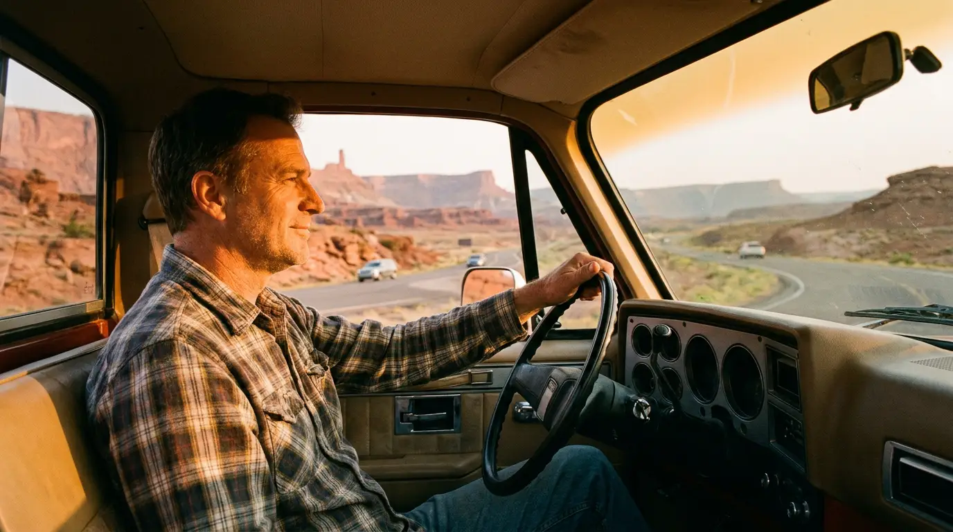 A man driving on an open road at golden hour